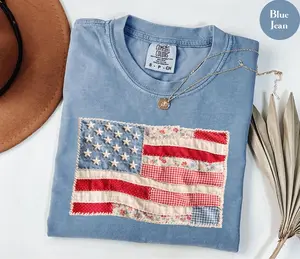 Comfort Colors® Retro American Flag Shirt, Faux Patchwork USA Tee, 4th of July Shirt, Patriotic Graphic Shirt, Fourth of July Shirt
