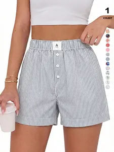 TFNOSIZE Women's High-Rise Above-Knee Straight-Leg Shorts, Striped with Letter Patchwork & Floral Print, Button Closure, Elastic-Blend Stretchable Waistband, Multi-Size Casual Durable Summer High Rise Bottoms for Everyday Fashion Blue, High Rise Shorts ti