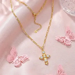 ALEXCRAFT Easter Gifts: 14k Gold Cross Necklace, Zircon Cross Pendant, Faith-Based Necklace, Elegant Accessory for Women, Christian Jewelry Gift for Her, AccessoriesWomen