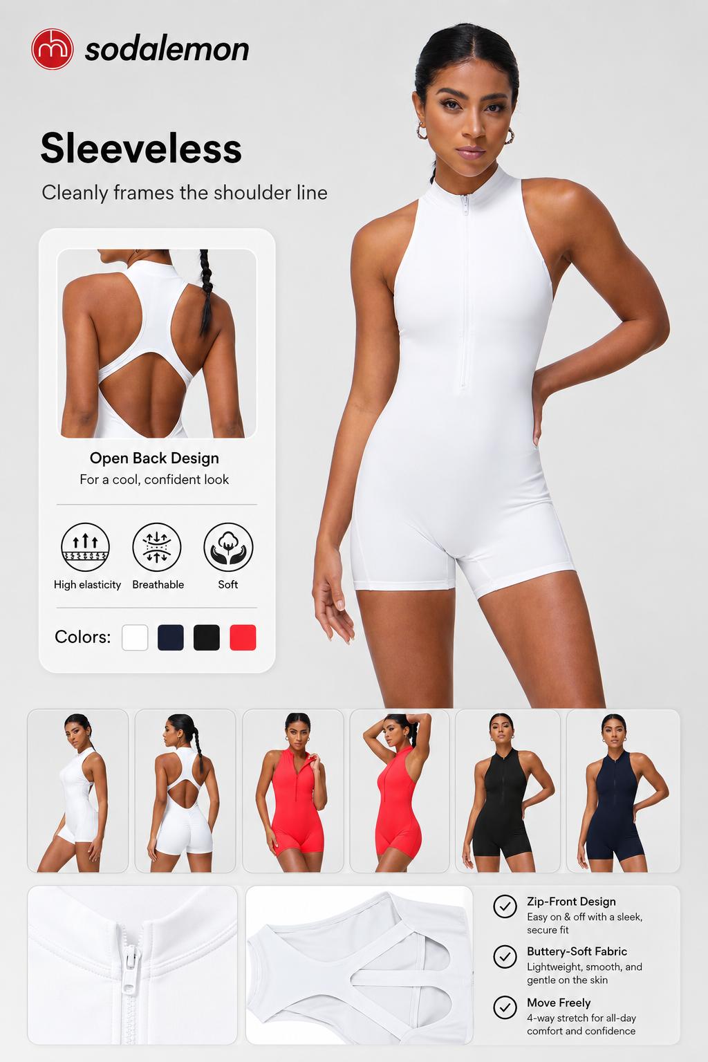 Women's Solid Color Tight-Fitting Jumpsuit, Half Zip Sleeveless Backless Design, High Stretch Yoga Fitness Jumpsuit,back to school,back to school haul