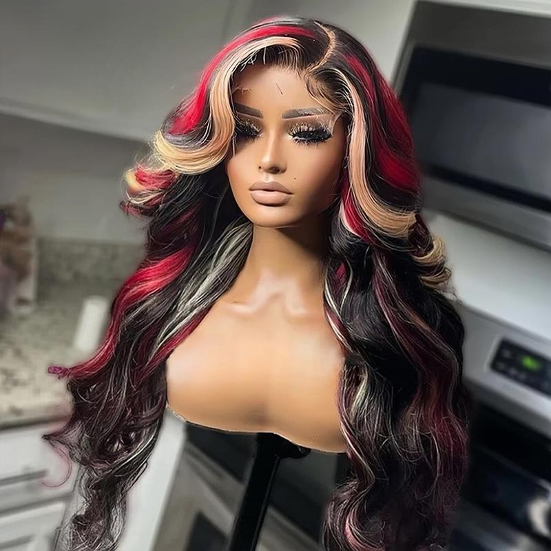 Multi Highlight Red with Blonde Wig Human Hair Burgundy 13x4 Lace Front Wig