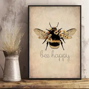 Bee Happy Canvas Poster – Vintage Bee Wall Art, Floral Nature Print for Bathroom, Bedroom, Office, Living Room & Holiday Decor