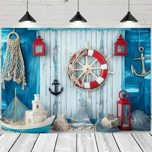 Blue Wooden Nautical Photo Background Summer Nautical Theme Baby Shower Birthday Party Decoration Sailing Ship Boat Rudder Fishing Net Summer Nautical Holiday Backdrop