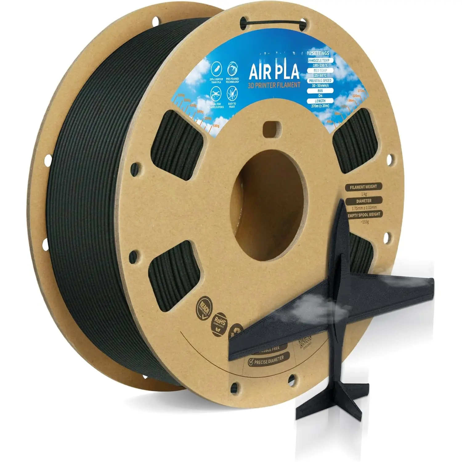 Pre-Foamed Air PLA Filament for 3D Printers, Drones, Props & RC Enthusiasts, Low-Density Lightweight, Cardboard Spool, 0.82kg(1.8lbs), +/-0.02mm Dimensional Accuracy, Stringing-Suppressing (Air Black)