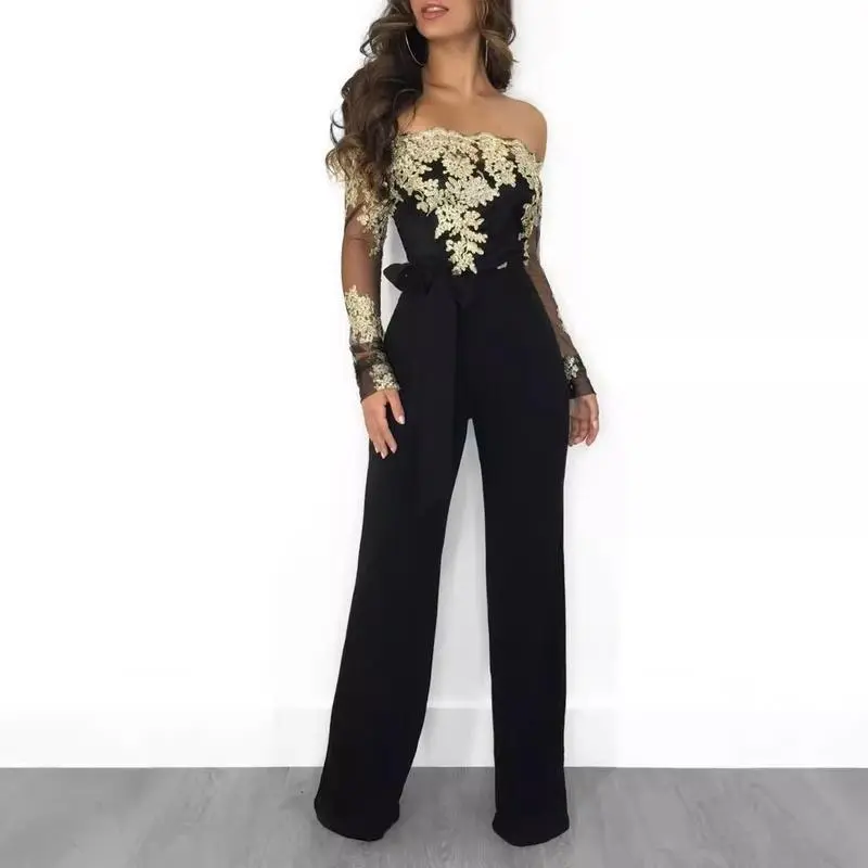 Chic Off-Shoulder Jumpsuit Overalls for Women, Elegant Wide-Leg Style with Water-Soluble Lace Detail