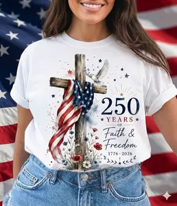 Women's Cotton Tshirt - Americas 250th Birthday Cross Graphic, 1776-2026 Faith & Freedom, Patriotic Christian 4th of July Womenswear Top, Proud American Gift