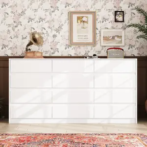 FUFU&GAGA 12 Drawer Double Dresser Modern 63" Wide Wooden Storage Cabinet Organizer Easy Pull for Bedroom Living Room Multi-Drawer Design Durable MDF Structure