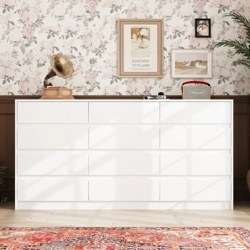 FUFU&GAGA Modern 12-Drawer Sturdy Dresser - 63"w x 15.7"d x 32"h Waterproof MDF Wood TV Stand Dresser, 1-Box Assembly Required, Easy-Pull Compartments, Durable Living Room Sideboard, Bedroom Tidy, Decor Top