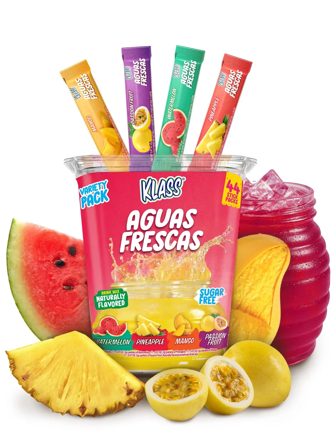 Klass 0 Sugar Tropical Aguas Frescas Drink Mix, 44-Pack Water Enhancer - Mango, Watermelon, Pineapple, Passionfruit Flavors, Low Calorie, Caffeine Free, Natural Beverage Powder