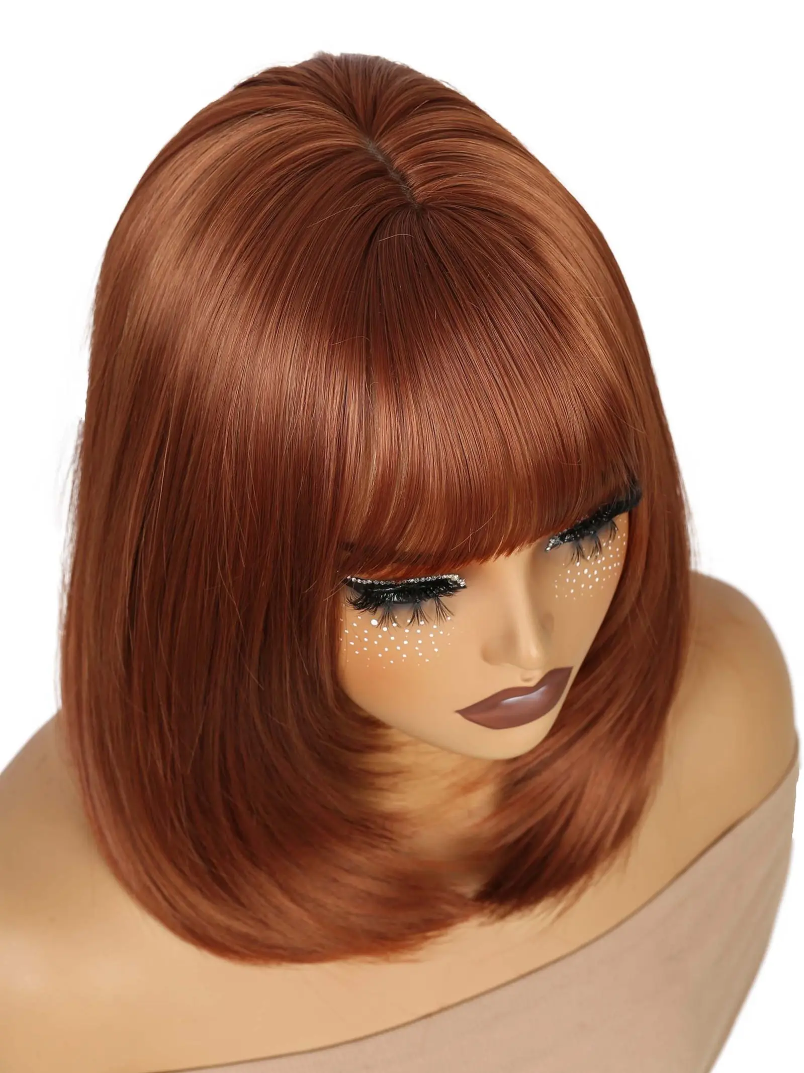 Ginger Layered Bob Wig with Bangs, 14 Inch Short Dark Orange 