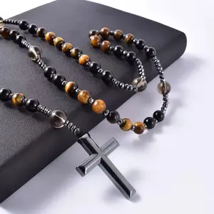 Handmade Tiger Eye +Black Obsidian + Hematite Pendant Necklace - Catholic Christ Pendant Necklace with Cross