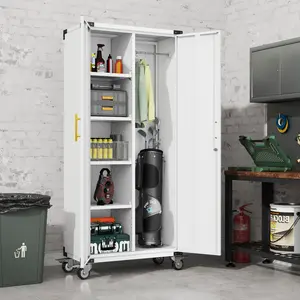 71" Broom Closet Garage Storage Cabinet with Wheels, Metal Cleaning Cabinet with Hooks & Hanging Rods, Tall Freestanding Lockable Tool Utility Cabinet for Home & Office