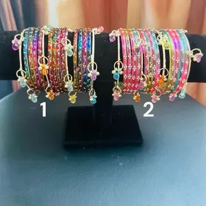 Authentic Kashmiri Style Crystal Bangle Set - Handcrafted 12pcs Multi-Color Glass - 4 Gold Tone