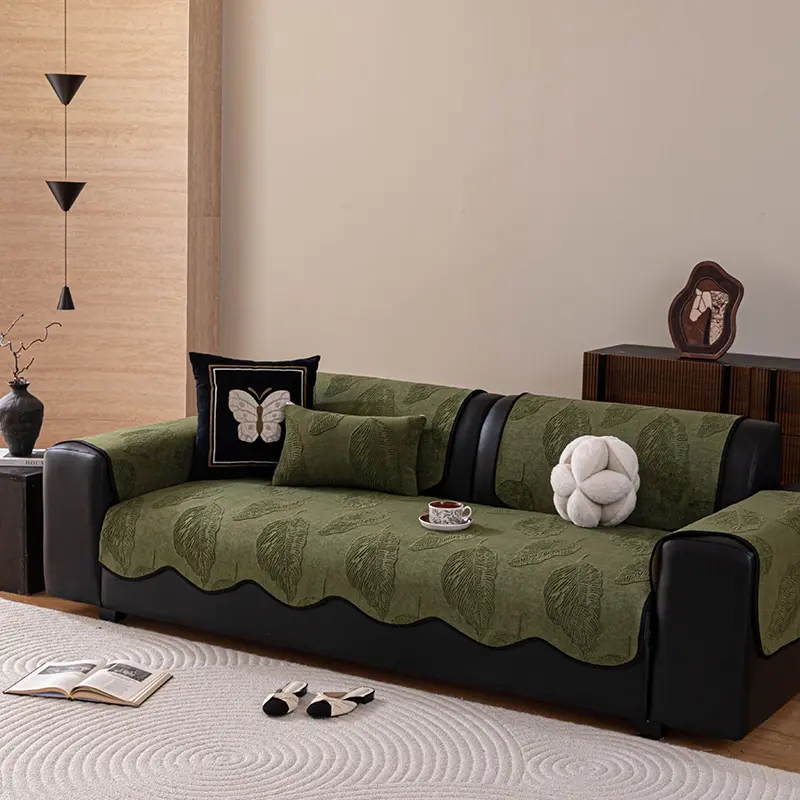 Plush Leaf Pattern Sofa Cushion, Non-Slip Design, Easy Clean, Durable & Anti-Static, Perfect for Living Room Furniture Protection, Decorative Sofa Protector, Decorative Couch Cover, Elastic Dustproof Sofa Cover