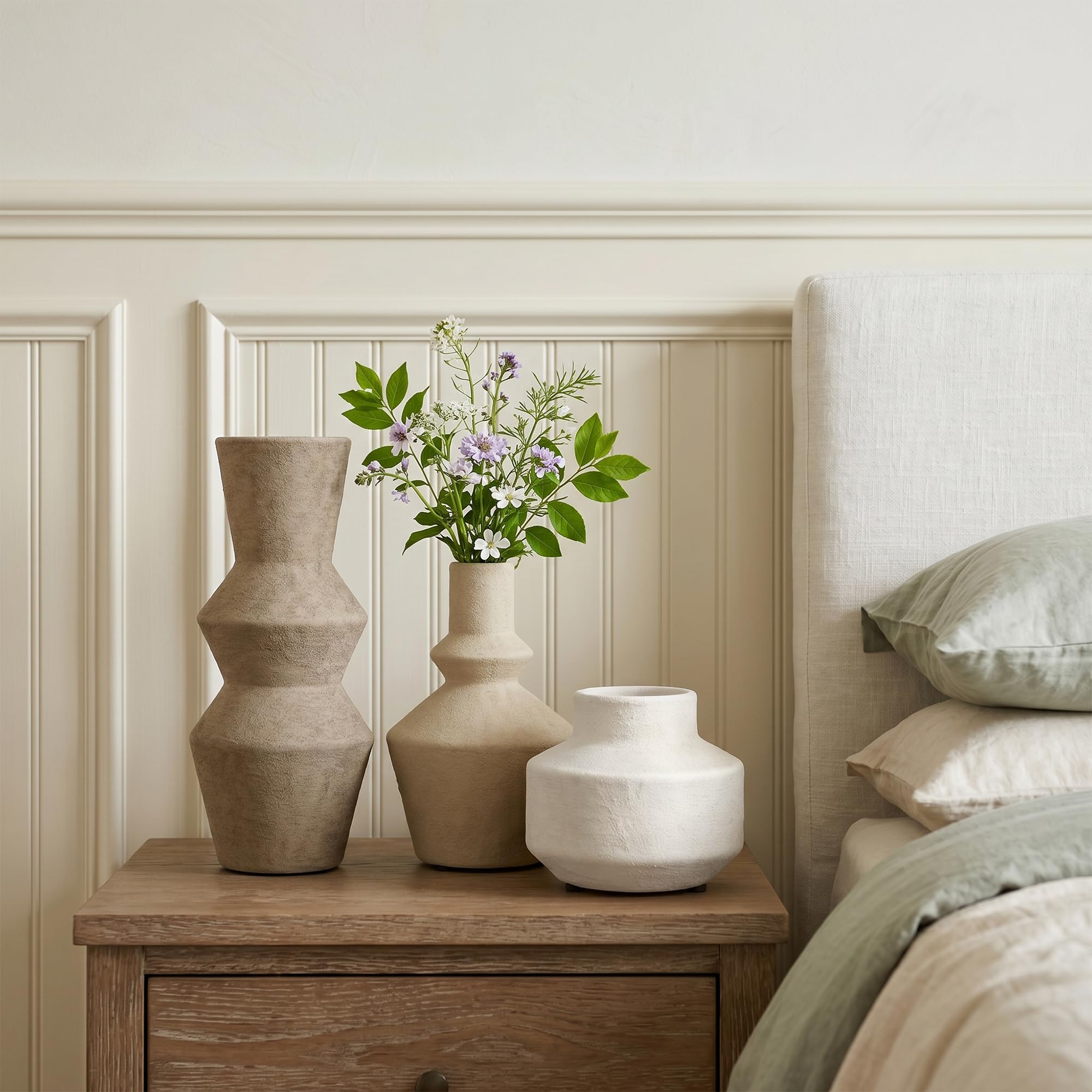 Ivydale Ceramic Vase Set of 3, Modern Rustic Flower Vases for Pampas Grass, Dried & Fresh Flowers, Farmhouse Home Decor Vase for Living Room Bedroom Kitchen Shelf Centerpiece, Classic