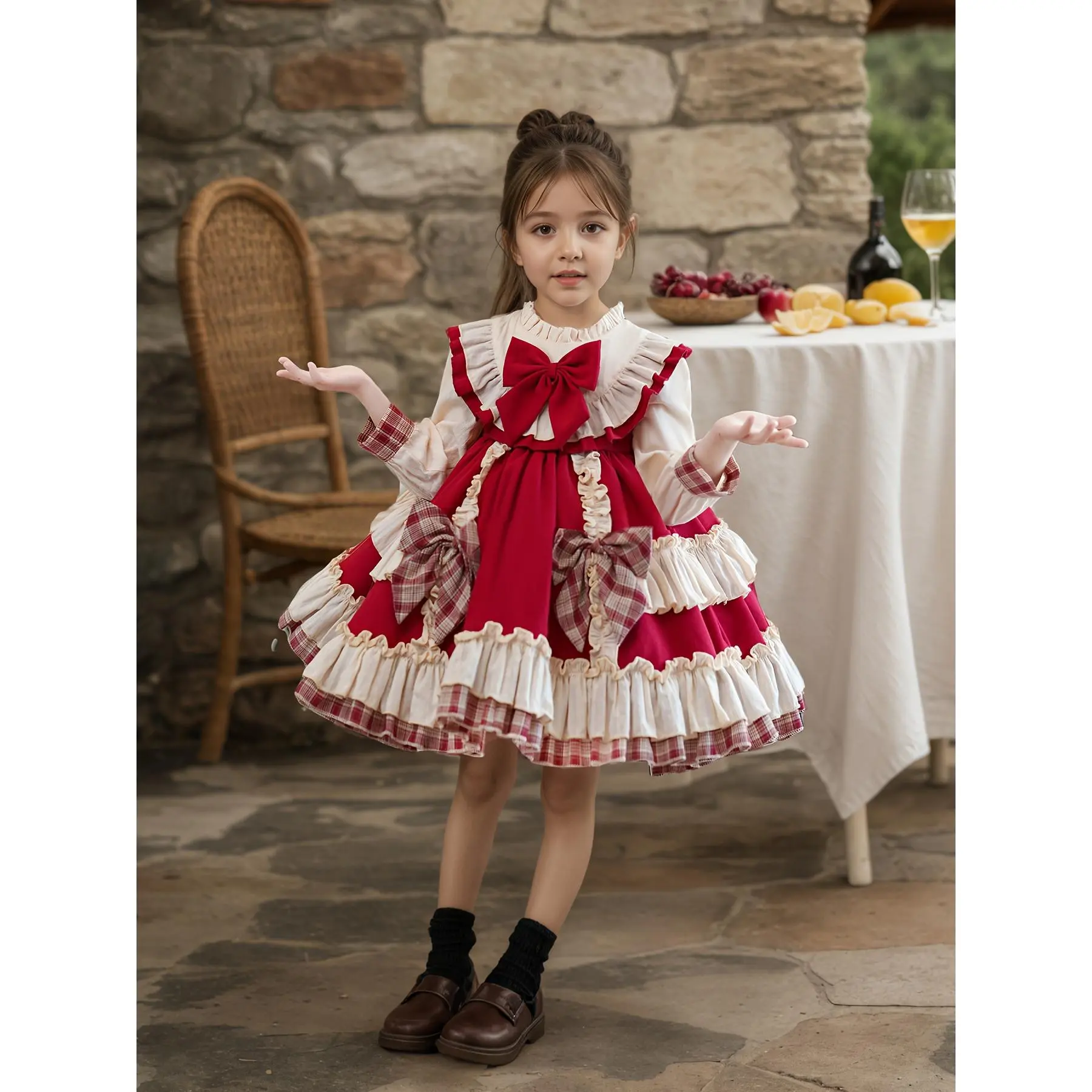 NewGirls' Red & White Checkered Princess Dress with Ruffled Hem & Bow Belt - Long Sleeve Party Dress with Elastic-Free Comfort Fit, All-Season Wear for Christmas, Easter, Birthday Outfits ( to Kids