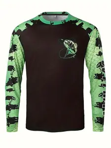 Men's Sporty Fishing Print Long Sleeve T-Shirt, Breathable Round Neck Top, Elastic Fit, Suitable for Hiking Cycling Sports, Breathable Workout Tops, Athletic Style Activewear
