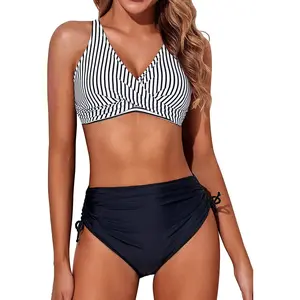 Aqua Eve Women High Waisted Bikini Twist Front Swimsuits Lace up Bikini Tops Ruched Push up Two Piece Bathing Suits