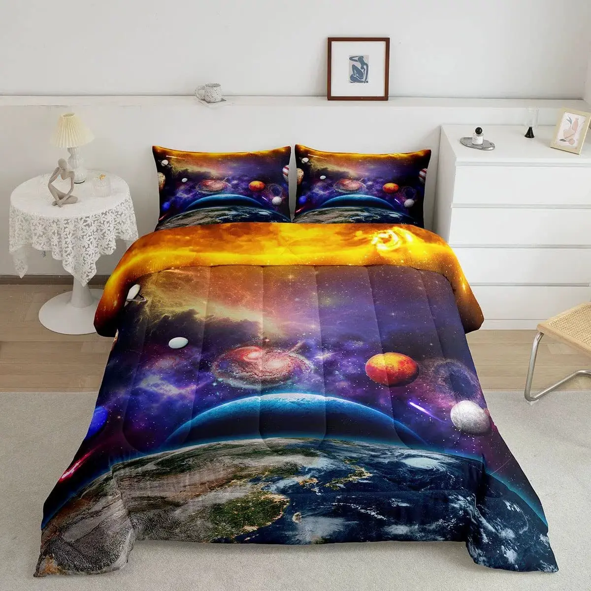 Cosmic Planet Quilt Set (1 Quilt 2 Pillowcases), Realistic Galaxy Print, Full Fill, Sci-Fi Dreamy Bedroom Decor, Eye-Catching Tech Bedding