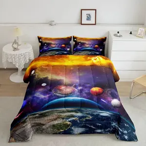 Cosmic Planet Quilt Set (1 Quilt 2 Pillowcases), Realistic Galaxy Print, Full Fill, Sci-Fi Dreamy Bedroom Decor, Eye-Catching Tech Bedding
