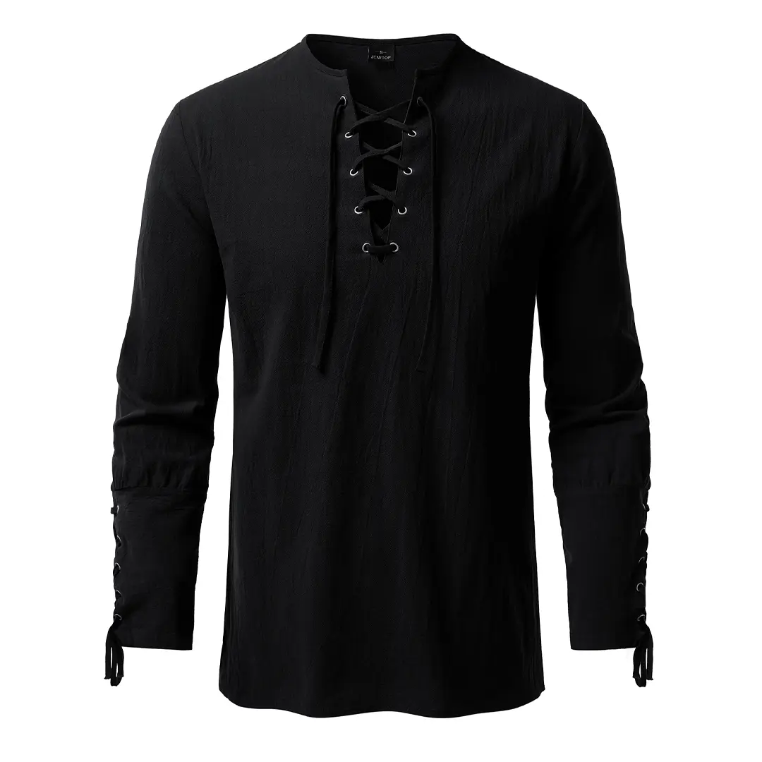 JEMITOP Men's Renaissance Shirt - Textured Cotton Lace-Up V-Neck Medieval Top for Viking, Pirate, Halloween Cosplay