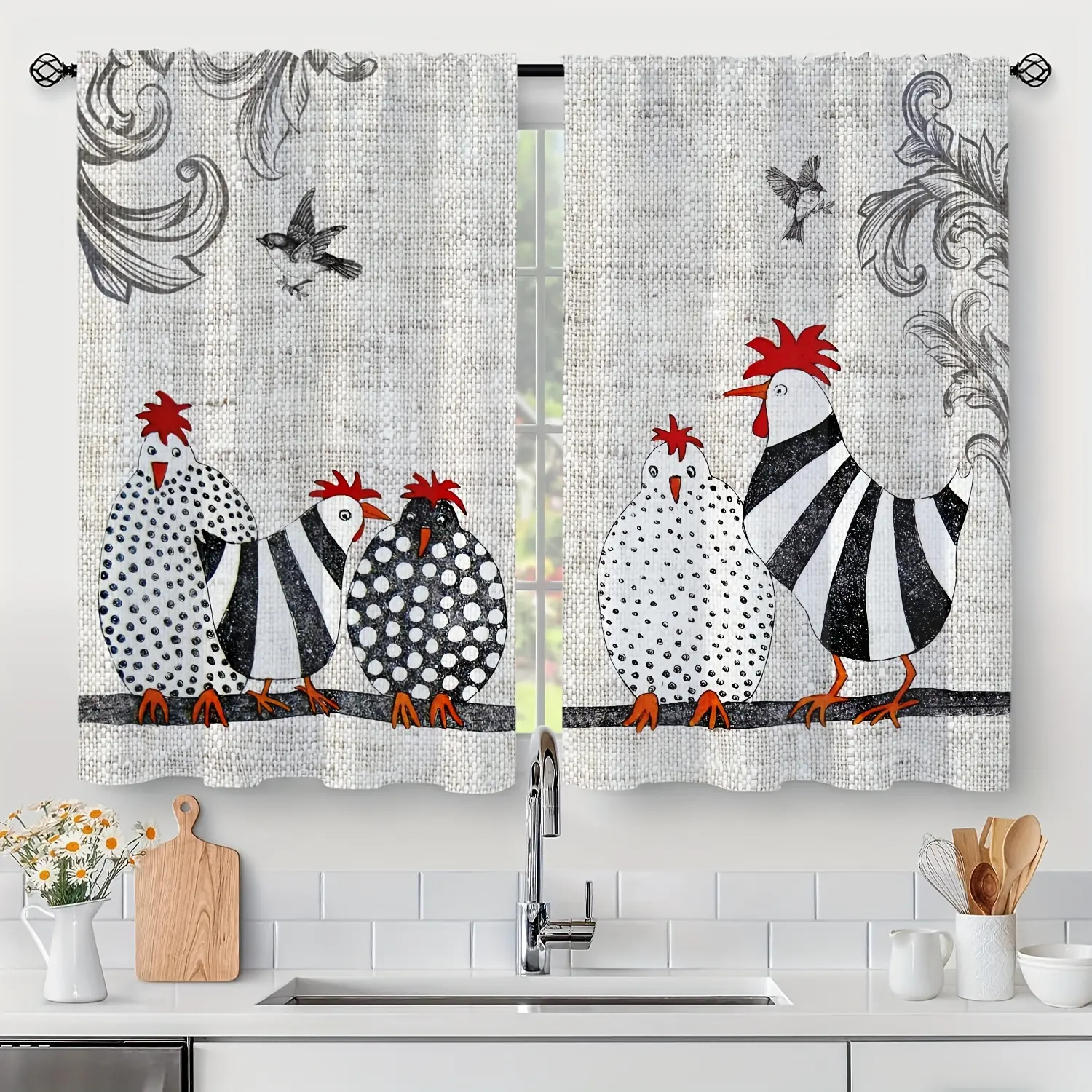 1pc Curtain Header/2pcs Curtain Vintage Spotted Chicken Abstract Print Curtain, Rod Pocket Country Style Printed Light Filtering Kitchen Living Room Office Bedroom Home Decor Curtain