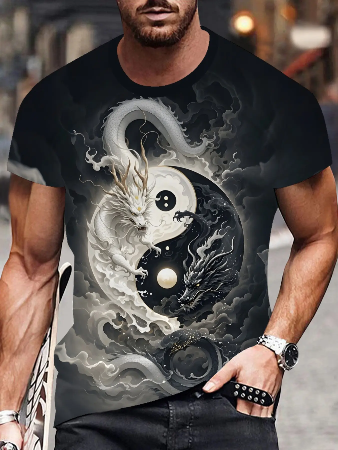 Summer Men's Chinese Tai Chi Dual Dragon Print Short Sleeve T-Shirt, Casual Fitted Long Clothing, Fashion Comfort Design, Ideal Gift Choice