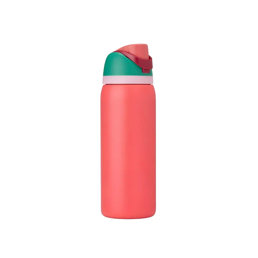 32 oz Insulated Stainless Steel Water Bottle with Built-In Straw, Locking Push-Button Lid and Carry Loop, Reusable Cold Drink Bottle – Strawberry Fields