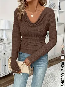Elegant Women's Slim-Fit Long Sleeve Waffle T-Shirt, Plain Pattern Casual Top for Spring & Fall, Comfortable Thin Fabric Daily Wear
