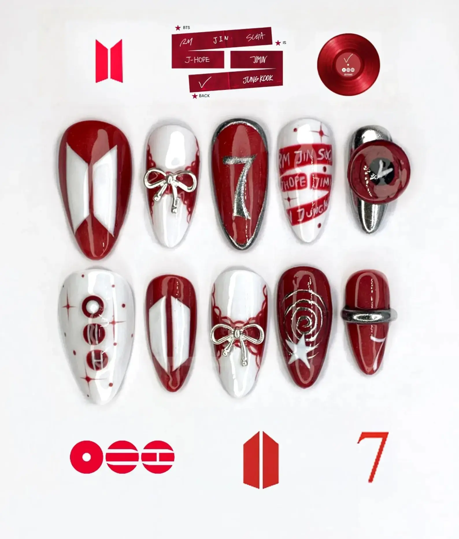 BTS Concert Press on Nails, Red and White Idol Fandom Fake Nails, Number 7 Custom Nail Art, 3D Silver Chrome Bow Nails, BTS Nails