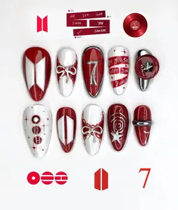 BTS Concert Press on Nails, Red and White Idol Fandom Fake Nails, Number 7 Custom Nail Art, 3D Silver Chrome Bow Nails, BTS Nails