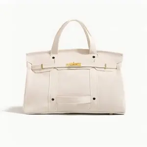Cream White Canvas Tote Bag 38cm - Large Capacity Work & Travel Handbag with Laptop Pocket & Lock Closure curve