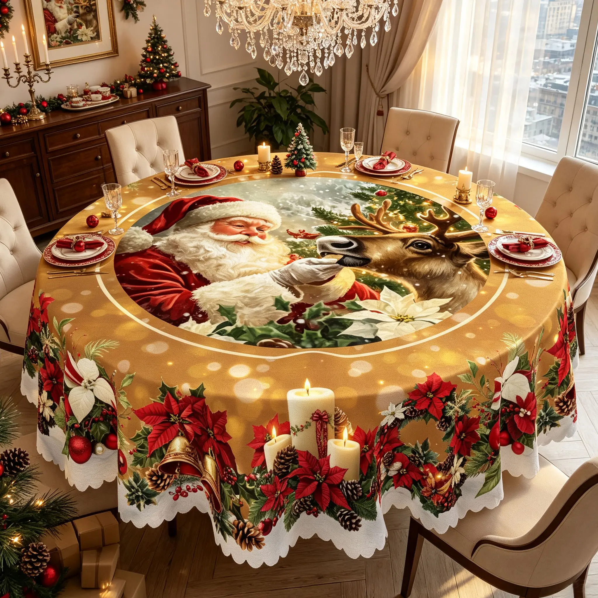 AAFKK Christmas Decor Themed Print Round Tablecloth, Golden Bokeh Table Cover with Poinsettia Pinecone Bell Pattern, manteles de tela para fiesta, Xmas Holiday Indoor Dinner Decor, Christmas Party Table Linens, Festive Home Decoration Accessory Gifts