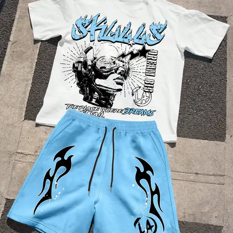 Men's Graphic Print Short Sleeve T-Shirt and Drawstring Waist Shorts Set, Soft Comfortable Fabric, Casual Summer Outdoor Wear, Graphic Tee Set