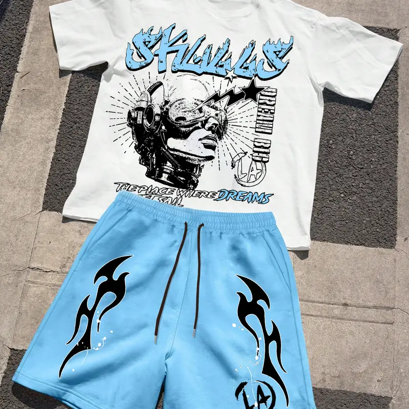 Men's Graphic Print Short Sleeve T-Shirt and Drawstring Waist Shorts Set, Soft Comfortable Fabric, Casual Summer Outdoor Wear, Graphic Tee Set