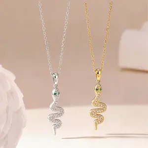 Bicolor Gold and Silver Snake-Shaped Gemstone Pendant Necklace, Hypoallergenic Titanium Steel Accessory with Adjustable Chain, Ideal for Weddings and Dates (Christmas Gift for Women, Spring Glowup Item)