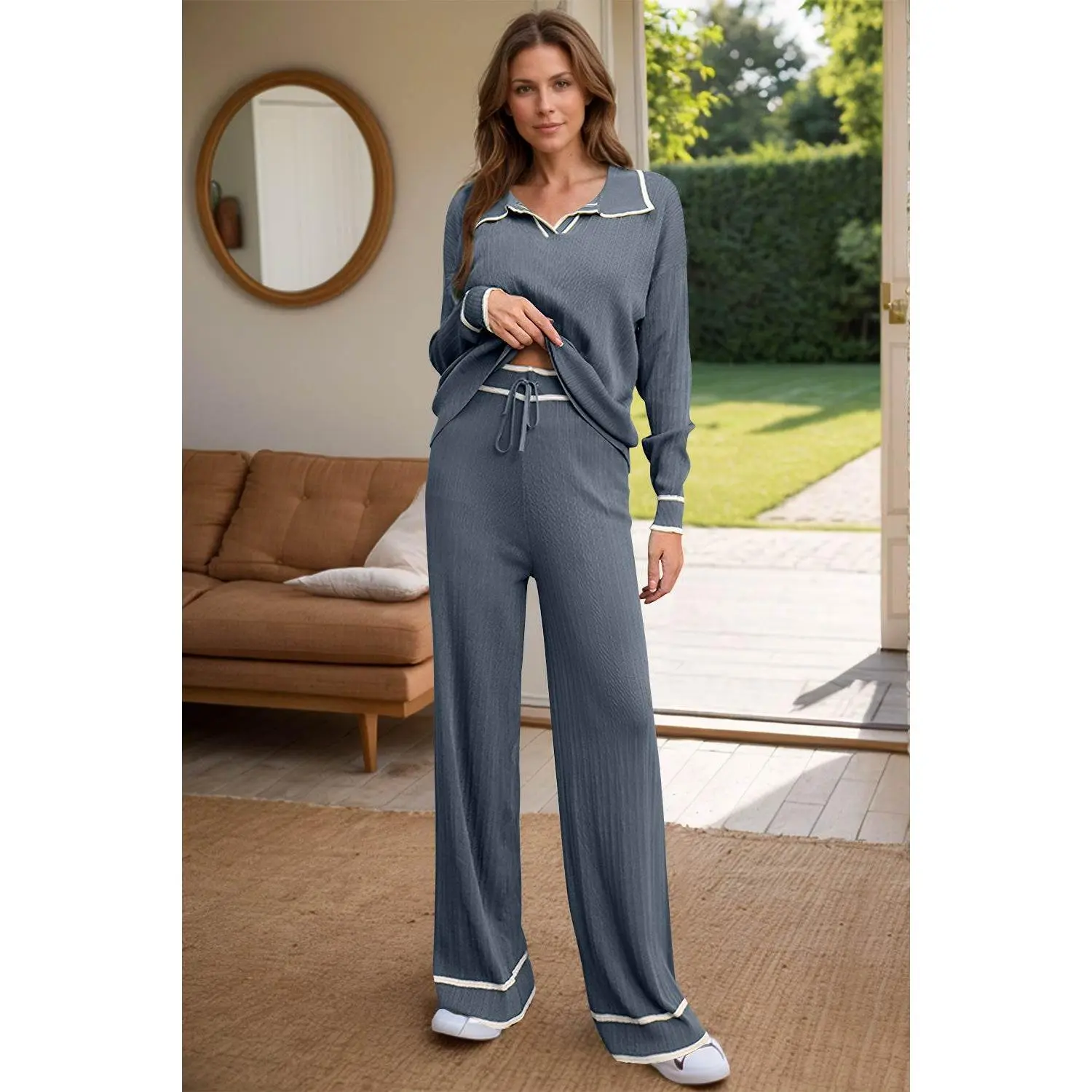 Contrast Trim Johnny Collar Top and Drawstring Pants Sweater Set