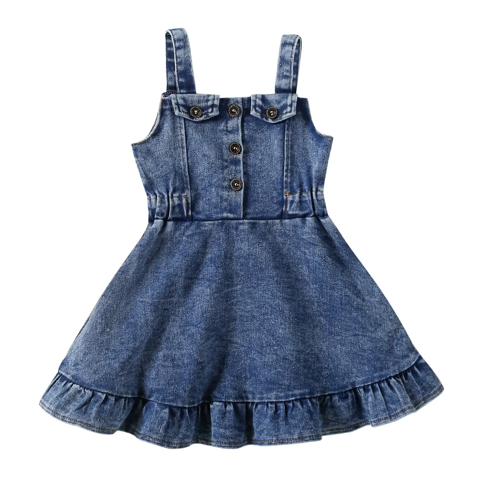 Toddler Baby Girl Denim Dress Ruffles Sleeveless Strap Button A-Line Jeans Dress Sundress Summer Clothes Set