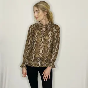 Steph Women's Snakeskin Printed Polyester Blouse with Ruched Sleeves and Ruffle Neck Shirts Top Womenswear Comfort