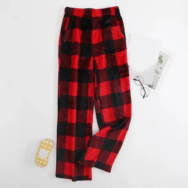 Autumn And Winter Black Red Plaid Pants Christmas Party Pants Casual Versatile Loose Straight Leg Pants Women Tops Pajama Chic Loungewear Fleece Nightwear