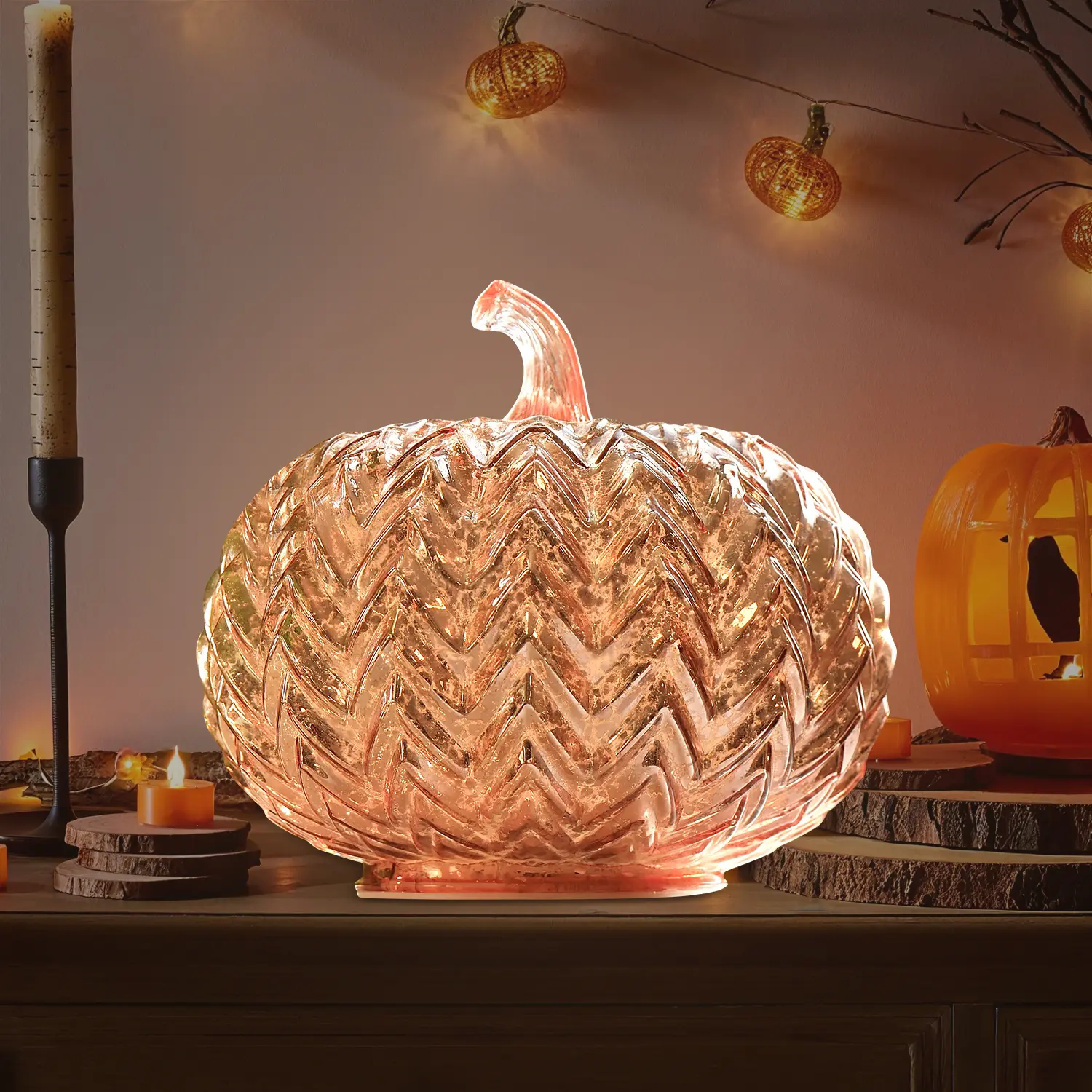 The Perfect Holiday Gift Glass Pumpkin Lantern for Halloween & Thanksgiving Centerpiece Indoor Outdoor Fall Decor battery-powered