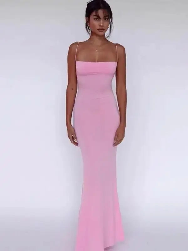 Womenswear Solid Backless Cami Mermaid Dress, The Red Dress Girl Quince, Minimalist Adjustable Strap Sleeveless Maxi Dress for Party Club Dating Wear, Ladies Summer Clothes Sundress for Women, Dresses for Women, Summer Dresses 2025