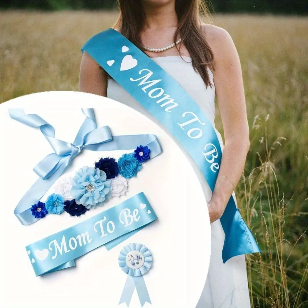 3pcs/ Set Blue Maternity Sash Mom To Be & Daddy To Be Corsage Pin Set Photography Keepsake Gifts Pregnancy Flower Belly Band Souvenir Supplies