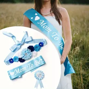 3pcs/ Set Blue Maternity Sash Mom To Be & Daddy To Be Corsage Pin Set Photography Keepsake Gifts Pregnancy Flower Belly Band Souvenir Supplies