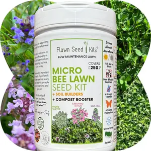 Flawn Seed Kits Micro Bee Lawn Seed Mixture Easy Spread Shaker Non GMO Flowering Lawn Bee Mix Seeds Organic Coated Micro Clover Self Heal and Creeping Thyme Soil Builders Compost Booster