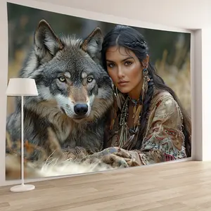 1pc Glam Style Polyester Wall Tapestry, Native American Woman and Wolf Design, Versatile Indoor/Outdoor Decor for Parties, Living Room, Bedroom - No Electricity Needed, Featherless, Room Decor