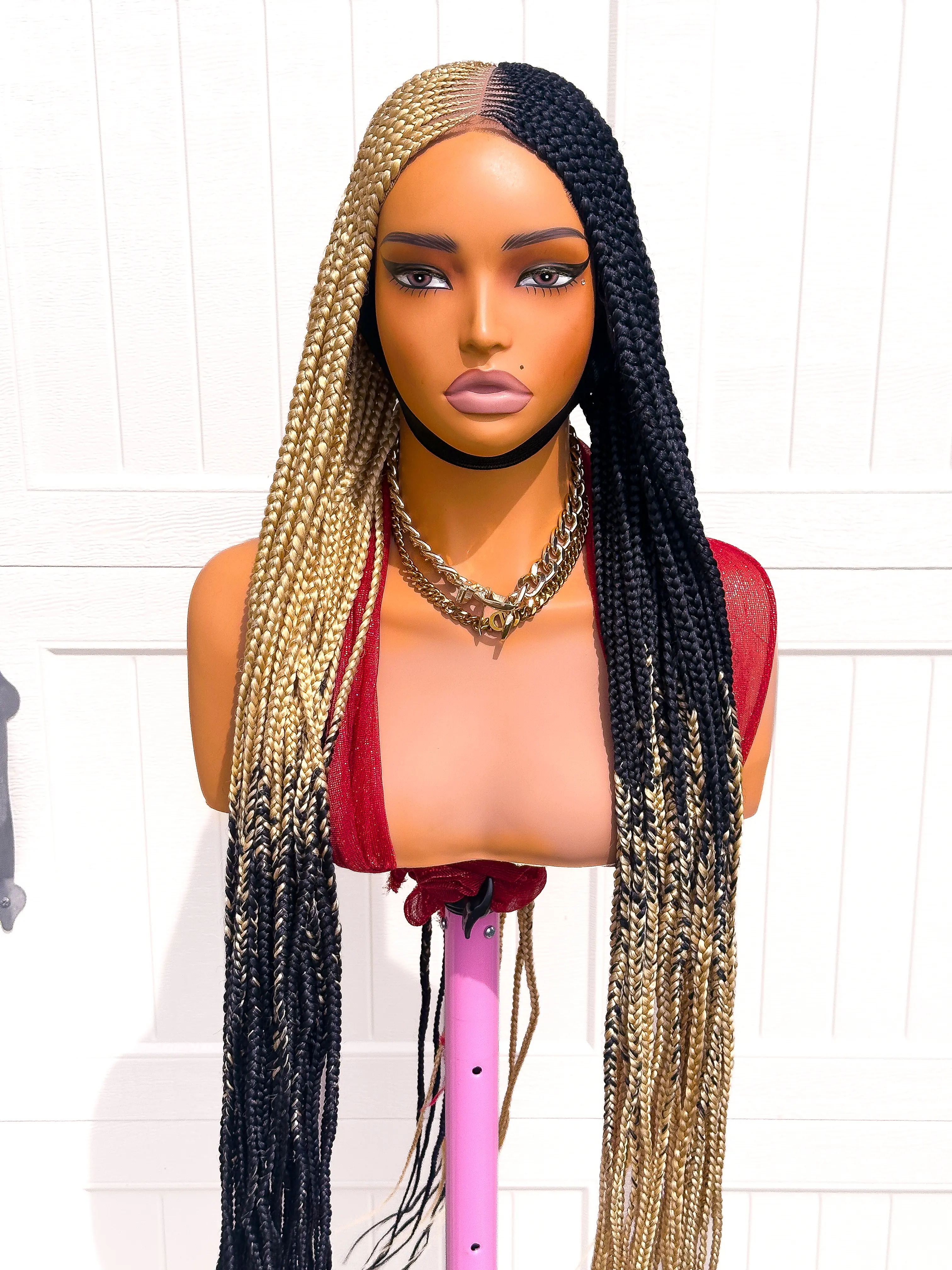 Women's 13*2 Synthetic Fiber Cornrow Braided Wig - Full Lace Glueless Braiding Wig, Easy-to-Wear Straight Hair, 2-Tone Blonde-Black Center-Parted Fashion Accessory