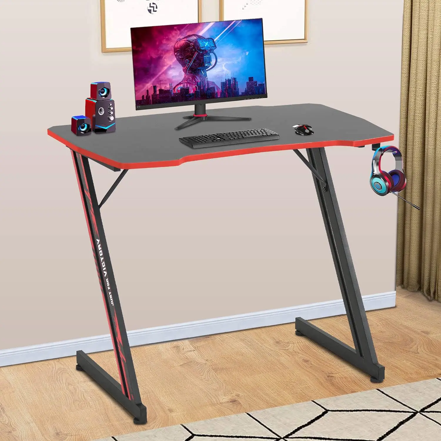 35.4in Versatile Z-Shaped Ergonomic Wood Gaming Desk - Desks for Gaming, PC Computer Workstation with Headphone Hook, Modern Red Home Office Furniture