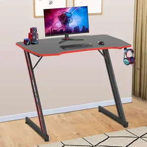 35.4in PC Computer Desk Z Shaped Gaming Workstation Ergonomic Gaming Table with Headphone Hook for Home Office, Red Versatile