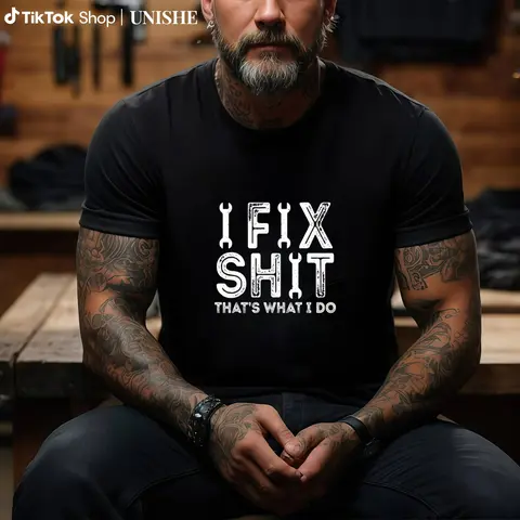 Men's Cotton Round Neck Short-Sleeve Print T-Shirt - Menswear Top, Funny "I Fix Shit" Design for Car Handymen, Versatile Casual Apparel